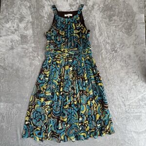 Evan Picone Sz 14 Teal Brown Abstract Print Sleeveless Fit & Flare Midi Dress